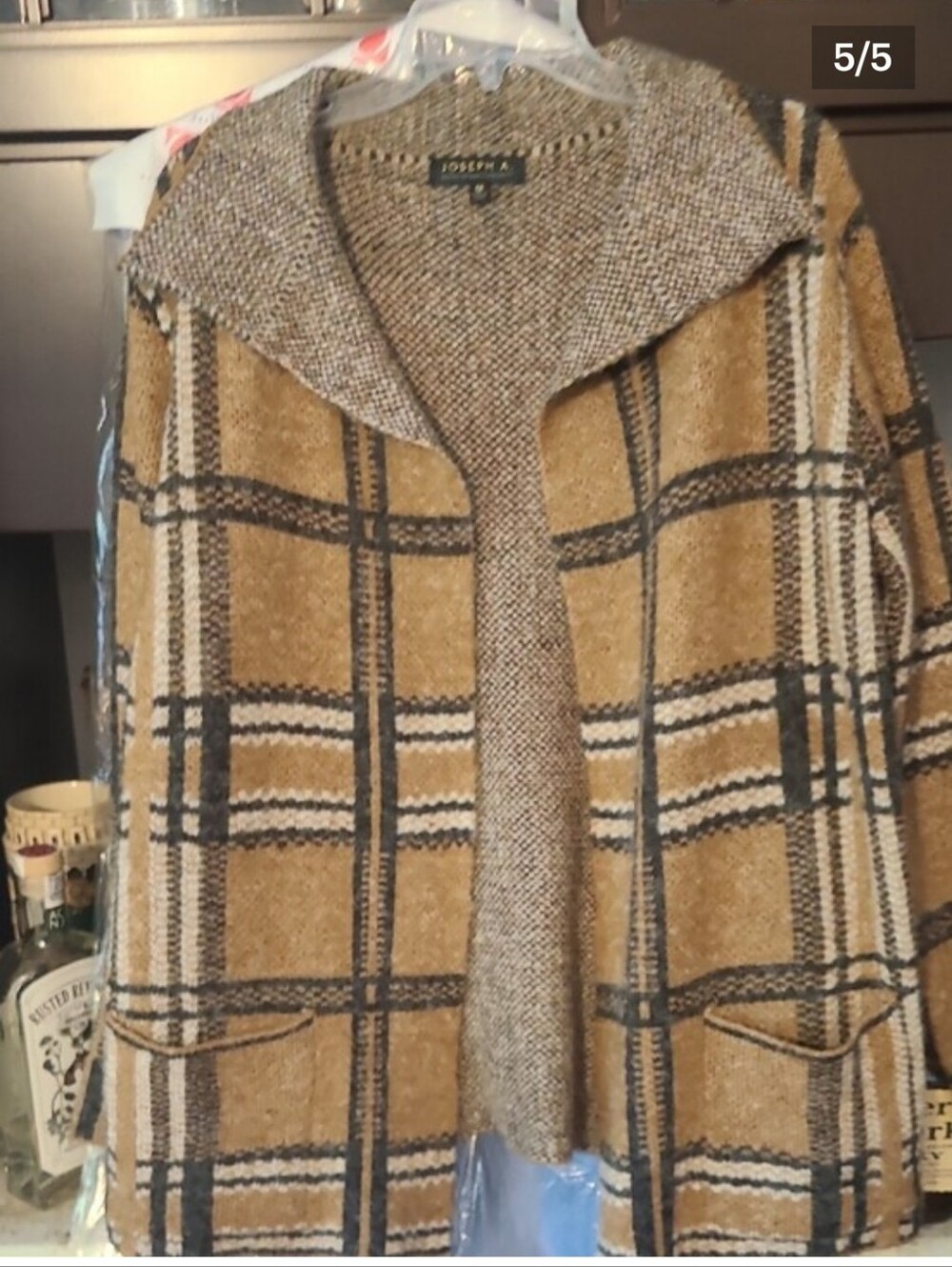 Joseph Plaid Pea Coat in Camel, Black and Cream